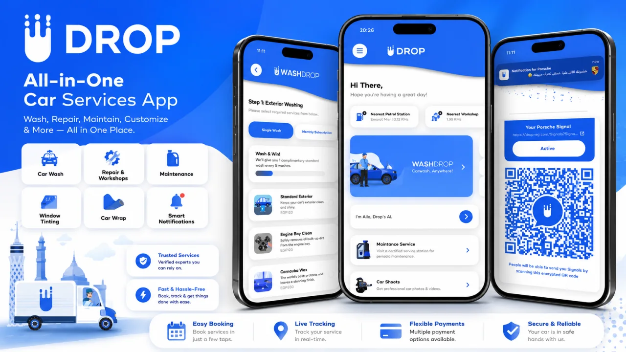Drop car services application shown across three mobile screens.